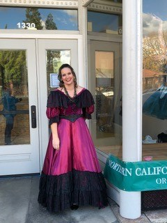 Me in Victorian Costume, standing outside the Northern CA Ballet School's window dressing event.